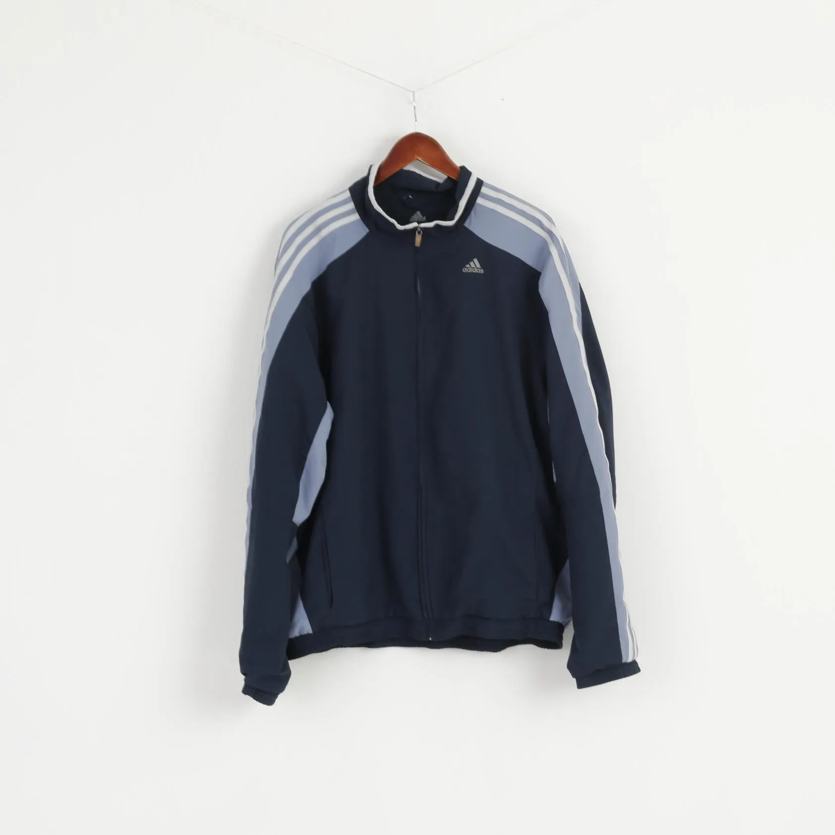 Adidas Men XL Jacket Navy Blue 3 Stripe Active Bomber Zip Up Traning Top
