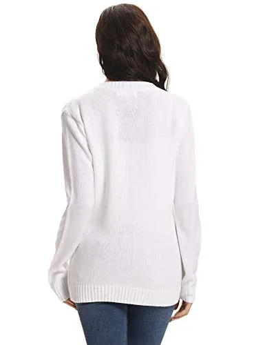 Gilet Femme Tricot avec Poches Veste Chandail Boutons Cardigan Chic Crochet Sweater Ouvert Elégant Manches Longues Casual Vintage Printemps Automne, Blanc,XXL