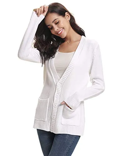 Gilet Femme Tricot avec Poches Veste Chandail Boutons Cardigan Chic Crochet Sweater Ouvert Elégant Manches Longues Casual Vintage Printemps Automne, Blanc,XXL
