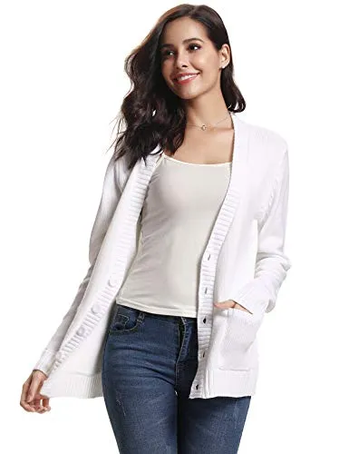 Gilet Femme Tricot avec Poches Veste Chandail Boutons Cardigan Chic Crochet Sweater Ouvert Elégant Manches Longues Casual Vintage Printemps Automne, Blanc,XXL