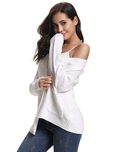 Gilet Femme Tricot avec Poches Veste Chandail Boutons Cardigan Chic Crochet Sweater Ouvert Elégant Manches Longues Casual Vintage Printemps Automne, Blanc,XXL