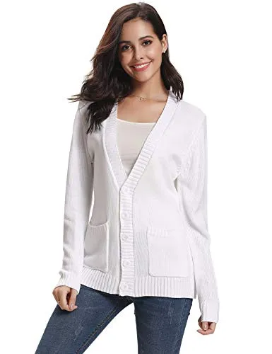 Gilet Femme Tricot avec Poches Veste Chandail Boutons Cardigan Chic Crochet Sweater Ouvert Elégant Manches Longues Casual Vintage Printemps Automne, Blanc,XXL