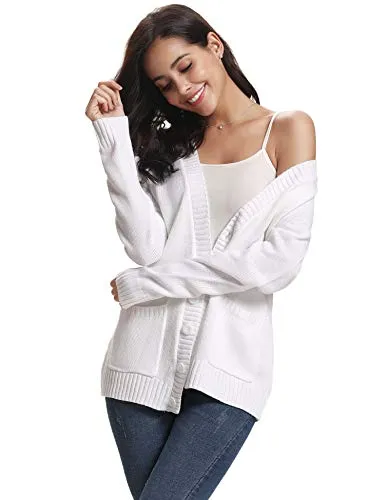 Gilet Femme Tricot avec Poches Veste Chandail Boutons Cardigan Chic Crochet Sweater Ouvert Elégant Manches Longues Casual Vintage Printemps Automne, Blanc,XXL
