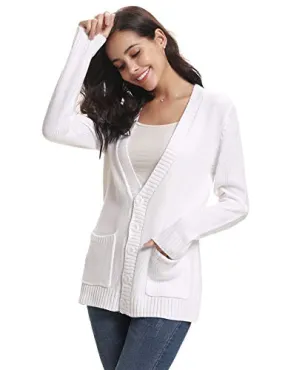 Gilet Femme Tricot avec Poches Veste Chandail Boutons Cardigan Chic Crochet Sweater Ouvert Elégant Manches Longues Casual Vintage Printemps Automne, Blanc,XXL