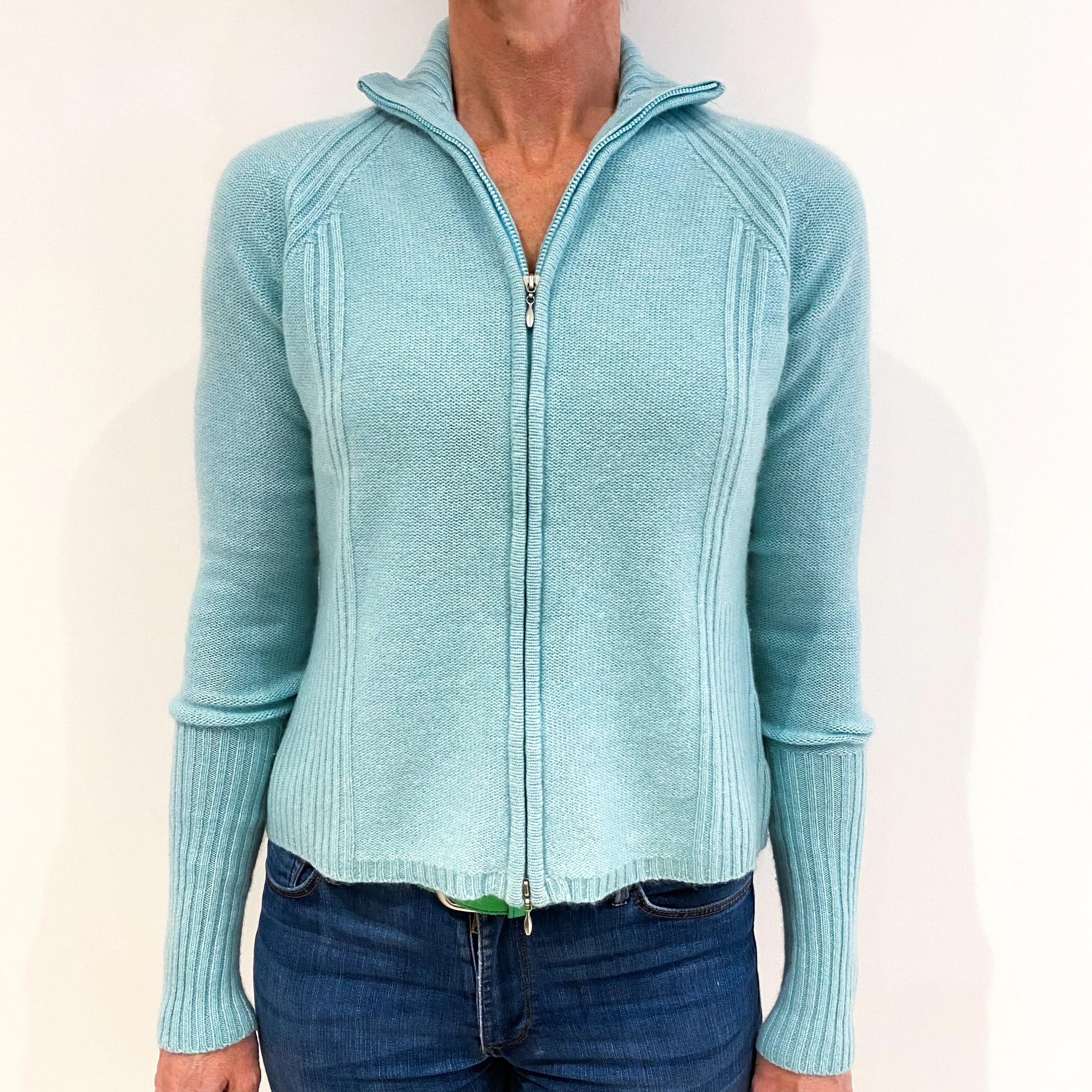Turquoise Blue Cashmere Zip Up Cardigan Small